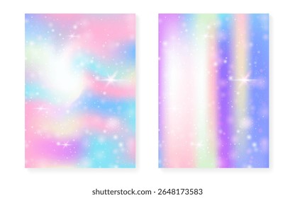 Fundo de Kawaii com gradiente de princesa arco-íris. Holograma de unicórnio mágico.