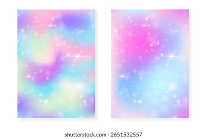 Kawaii background with rainbow princess gradient. Magic unicorn hologram.