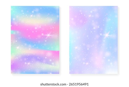 Fundo de Kawaii com gradiente de princesa arco-íris. Holograma de unicórnio mágico.