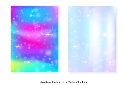 Fundo de Kawaii com gradiente de princesa arco-íris. Holograma de unicórnio mágico.