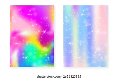 Fundo de Kawaii com gradiente de princesa arco-íris. Holograma de unicórnio mágico.