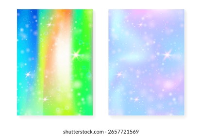 Fundo de Kawaii com gradiente de princesa arco-íris. Holograma de unicórnio mágico.