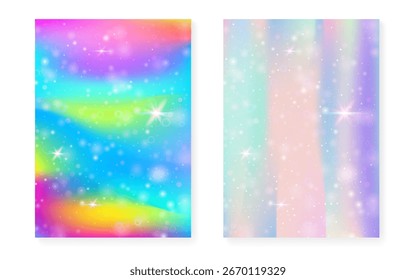 Kawaii background with rainbow princess gradient. Magic unicorn hologram.