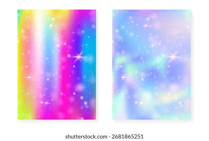 Fundo de Kawaii com gradiente de princesa arco-íris. Holograma de unicórnio mágico.
