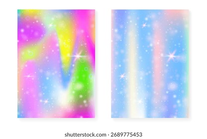 Fondo de Kawaii con el gradiente de la princesa del arco iris. Holograma de unicornio mágico.