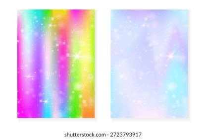 Kawaii background with rainbow princess gradient. Magic unicorn hologram.