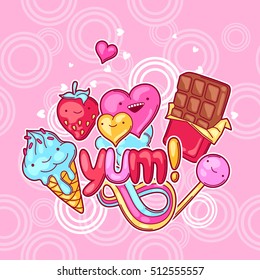 Kawaii Background With Sweets And Candies. Crazy Sweet-stuff In Cartoon Style.