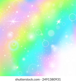 Kawaii-Hintergrund. Gelbe Regenbogeneinladung. Magisches Muster. In: Holographic Girlish Mesh. In: Green Fantasy Gradient. In: Pink Universe Hologram. Fee Textur. Traum Kawaii Hintergrund.