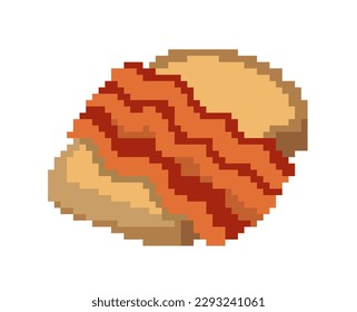 Kawaii bacon with bread. Delicious, natural and organic product, healthy food. Poster or banner for website in retro and vintage style, 8 bit. Cartoon flat vector illustration