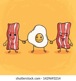 Kawaii Bacon and Fried Egg Holding Hand Best Friends Forever on Orange Background