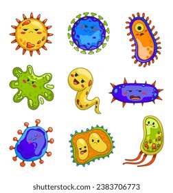 Caracteres de bacterias y virus Kawaii con diferentes emociones. Graciosos microbios de dibujos animados. Estilo dibujado a mano. Dibujo de vectores. Colección de elementos de diseño.
