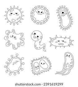 Kawaii bacteria and viruses characters with different emotions. Coloring Page. Funny cartoon microbes. Hand drawn style. Vector drawing. Collection of design elements.