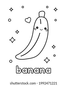 Kawaii banana with happy face. Coloring page with cartoon fruit. Healthy food. Vector illustration.