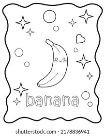 Kawaii banana with happy face. Coloring page with cartoon fruit. Healthy food. Vector illustration.