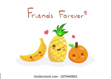 かわいいバナナ パイナップル オレンジの漫画キャラクターが漫画風 面白い果物 メニューや店 バーで 友達のカードやステッカーを使って 簡単 に編集できるベクターイラスト のベクター画像素材 ロイヤリティフリー