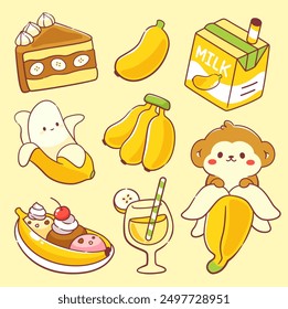 Kawaii bananas fruit food and snack with cute monkey