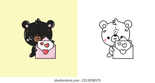 Kawaii Baribal Illustration and For Coloring Page. Funny Kawaii Panda. Vector Illustration of a Kawaii Animal for Stickers, Baby Shower, Coloring Pages, Prints for Clothes.
