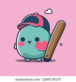 Mascota del personaje de béisbol Kawaii.Bate de béisbol Kawaii, gorra de béisbol kawaii, caricatura kawaii sosteniendo un bate. Caricatura mascota que juega al béisbol.