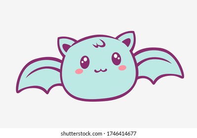 Kawaii bat cartoon. Enthusiastic funny little blue bat with wings and red blush anime style charming fantasy manga cute vector art magic creative fairy tale design.