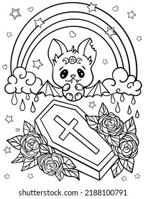 Kawaii Bat With Coffin. Halloween. Coloring Book For Children. Coloring Book For Adults. Horror. Kawaii. Black And White Illustration