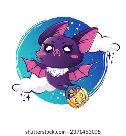 Kawaii bat flying with a basket of pumpkin-shaped sweets against the background of the night. Halloween character for All Saints Day for children's products