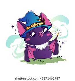 Kawaii bat wizard casts a spell with a magic wand, there is magic dust around. Halloween character for All Saints Day for children's products