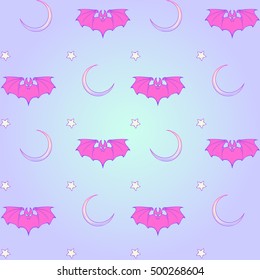 Kawaii Bats stars and moon crescent. Festive seamless pattern. Pastel goth palette. Cute girly gothic style art. EPS10 vector illustration
