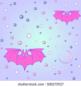 Kawaii Bats stars moon crescent and pearl gems. Festive seamless pattern. Pastel goth palette. Cute girly gothic style art. EPS10 vector illustration