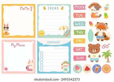 Kawaii Beach Memo Set with Cute Animals and Planning Stickers. Adorable Beach Themed Planner Stickers and Memo Templates. Cute and Fun Beach Planner Stickers and Memo Pads.