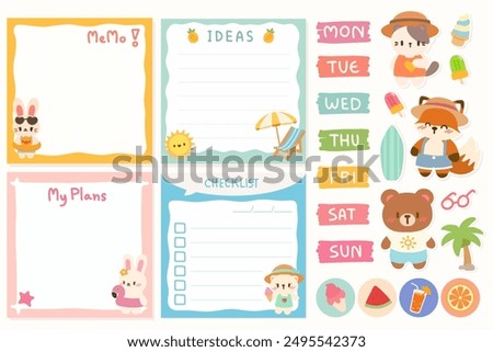 Kawaii Beach Memo Set with Cute Animals and Planning Stickers. Adorable Beach Themed Planner Stickers and Memo Templates. Cute and Fun Beach Planner Stickers and Memo Pads.