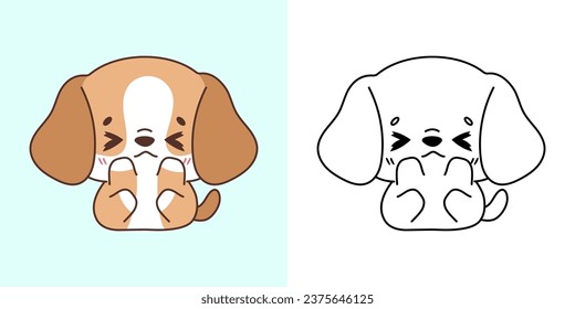 Kawaii Beagle Dog Clipart Multicolored and Black and White. Cute Kawaii Dog. Isolated Vector Illustration of a Kawaii Animal for Prints for Clothes, Stickers, Baby Shower. 
