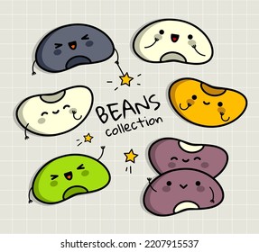Kawaii beans collection. Cute kawaii characters. Happy beans in cartoon style. Kawaii legume, kidney beans, soybeans, mung beans characters.