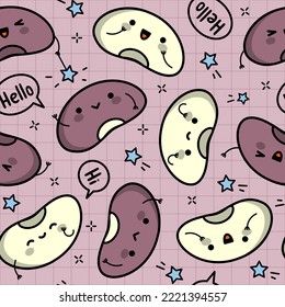 Kawaii beans seamless pattern. Kawaii food characters. Happy red and white kidney beans in cartoon style.