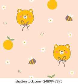 Kawaii bear with bow knots and bee with orange seamless vector pattern with summer flowers. Childish hand-drawn illustration in a pastel palette on a beige background for a baby print