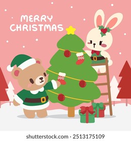 Kawaii Bear and Bunny Decorating Christmas Tree in Festive Scene. Adorable Christmas with Bear and Bunny Hanging Stockings. Kawaii Christmas Scene. Bear and Bunny Preparing for the Holidays.