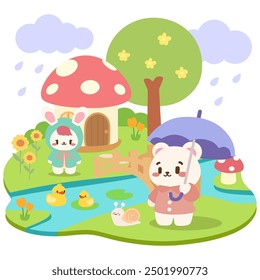 Oso Kawaii y conejo en día lluvioso con casa de setas. Adorables animales Kawaii con paraguas y patitos en la lluvia. Linda escena Kawaii. Día lluvioso con cabaña de setas y animales