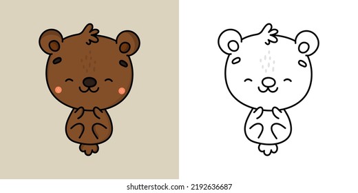 Kawaii Bear Clipart Multicolored and Black and White. Cute Kawaii Brown Bear. Vector Illustration of a Kawaii Animal for Stickers, Prints for Clothes, Baby Shower, Coloring Pages.
 svg