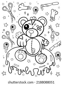 Kawaii Bear. Coloring Book For Children. Coloring Book For Adults. Halloween Coloring Page. Horror. Kawaii. Black And White Illustration