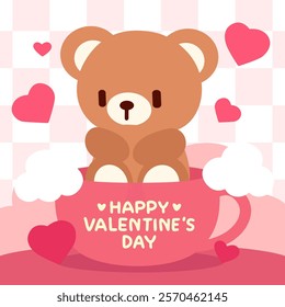 Kawaii Bear with Hearts in a Pink Mug for Valentine's Day. Adorable Valentine's Day illustration featuring a cute bear sitting inside a pink mug surrounded by hearts.