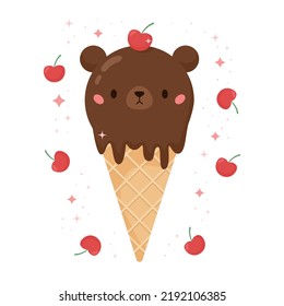 Kawaii Bear Ice Cream With Cherry In The Waffle Cone. Chocolate Taste. Cartoon Food Dessert Bakery Product. Vector Illustration.