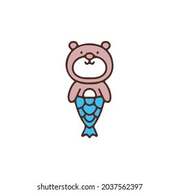 Kawaii bear mermaid cartoon illustration for t shirt, poster, logo, sticker, or apparel merchandise.
