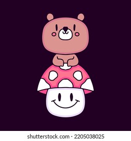 El oso kawaii con dibujos animados de hongos, ilustración para camisetas, pegatinas o prendas de vestir. Con estilo pop moderno.