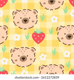 Kawaii bear Seamless pattern with gingham bg. Cute pastel vector design for baby textiles, wrapping paper, and children clothing