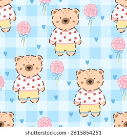 Kawaii bear Seamless pattern with gingham bg. Cute pastel vector design for baby textiles, wrapping paper, and children clothing