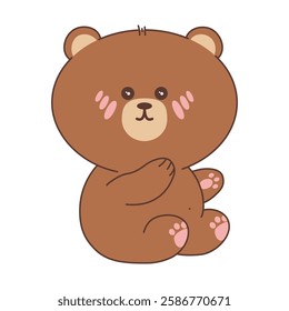 Kawaii bear sits in a cute pose. Adorable wild forest animal vector illustration. Cartoon wildlife. Isolated on white background