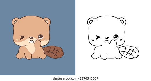 Kawaii Beaver for Coloring Page and Illustration. Adorable Clip Art Forest Animal. Cute Vector Illustration of a Kawaii Animal for Stickers, Prints for Clothes, Baby Shower. 