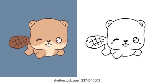 Kawaii Beaver Multicolored and Black and White. Beautiful Isolated Forest Animal. Funny Vector Illustration of a Kawaii Animal for Prints for Clothes, Stickers, Baby Shower. 