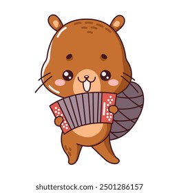 Kawaii beaver plays cheerful tune on accordion flat vector illustration. Kawaii smiling castor creates delightful melody icon on white background