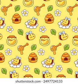 Kawaii Bee and honey cute seamless pattern