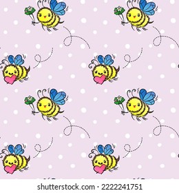 Kawaii bee pattern. Beautiful lovely seamless pattern with little honey bees. Doodle vector children illustration. Perfect for kids fabric, textile, wrapping, web